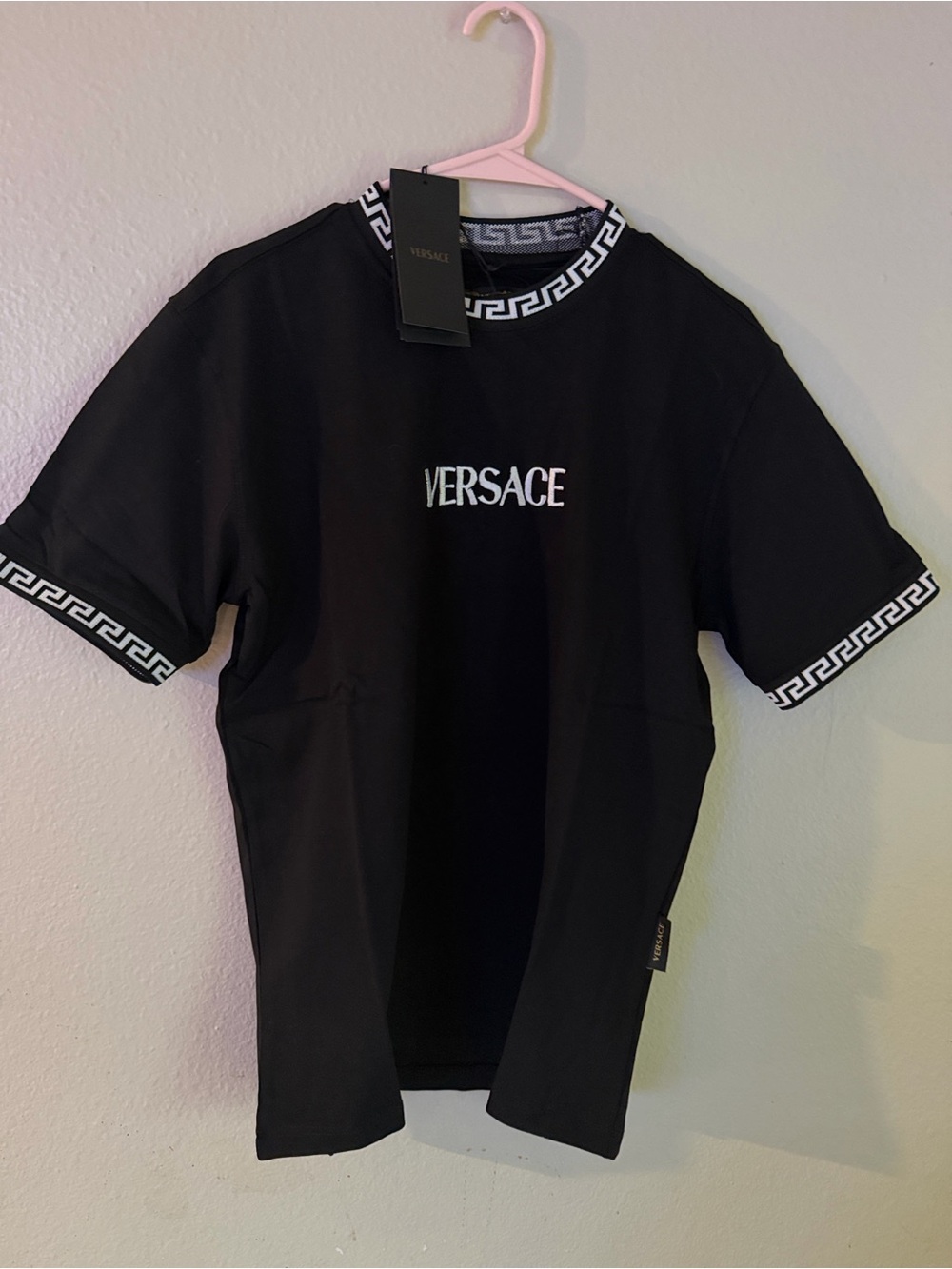 Versace Black T-Shirt with White Greek Key Trim
